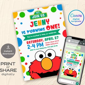 May include: A digital invitation for a first birthday party featuring the character Elmo. The invitation includes the text "Jenny is turning one!" and party details. A smartphone displays the invitation. The invitation is available for print or digital share.