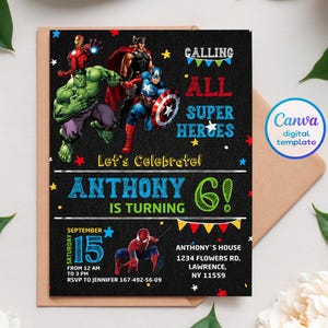 Printable Birthday Invitation, avengers invite, spiderman invite, superhero invitation, super hero, iron man, thore, captain america, hulk