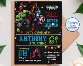 Printable Birthday Invitation, avengers invite, spiderman invite, superhero invitation, super hero, iron man, thore, captain america, hulk