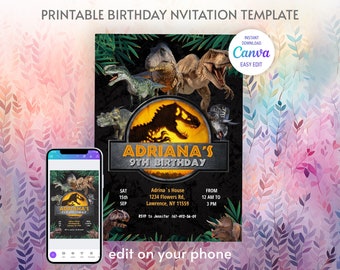 Dinosaur Printable birthday invitation, dino birthday invite, park invitation, world invitation, T-Rex party invite, instant download