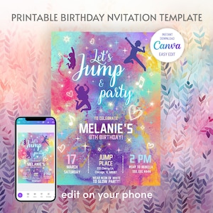 May include: A printable birthday invitation template with the text "Let's Jump & Party" in a colorful design. The invitation includes details for Melanie's 8th birthday, with a phone displaying the invitation design. The design includes jumping silhouettes and musical notes.