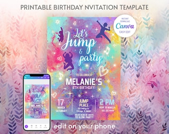 Editable Invitation | Printable Birthday Invite, jump invitation | Instant Download | Birthday Invite template, trampoline invitation