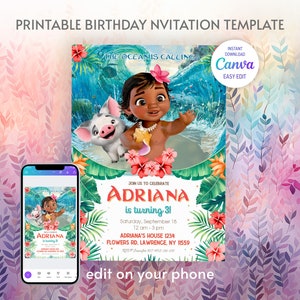 May include: Printable birthday invitation template featuring a cartoon character and a pig in front of a wave. The invitation includes the text "ADRIANA is turning 3!" and details for the party. The invitation can be edited on a phone.