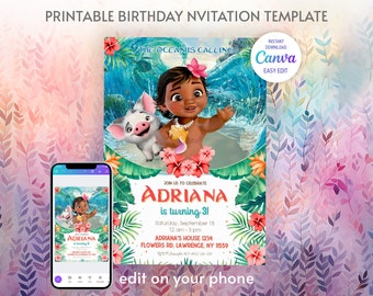 Moana invitation, Printable birthday invitation, Editable invitation, instant download, boy girl birthday invite, hawaii luau party