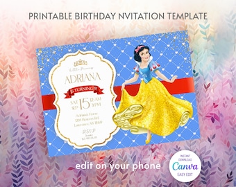 Princess Snow White Birthday invitation, Girl editable invite template, castle printable invitation, once upon a time royal party, Snowwhite