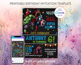 Printable Birthday Invitation, avengers invite, spiderman invite, superhero invitation, super hero, iron man, thore, captain america, hulk