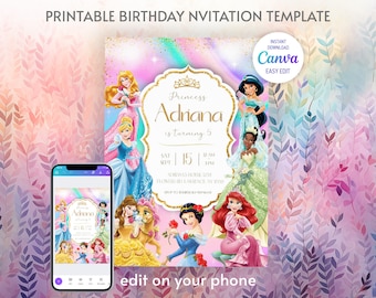 Princess Birthday invitation, Girl editable invite template, castle printable invitation, once upon a time royal party, instant download