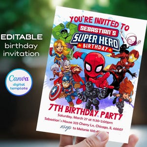 May include: Editable superhero birthday party invitation with a colorful illustration of various superheroes including Spiderman, Hulk, Iron Man, Captain America, Thor, Black Panther, and more. The text reads "You're invited to Sebastian's Super Hero Birthday Party" and includes the date, time, and location of the party.
