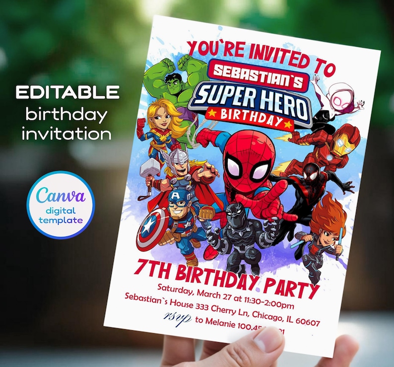 May include: Editable superhero birthday party invitation with a colorful illustration of various superheroes including Spiderman, Hulk, Iron Man, Captain America, Thor, Black Panther, and more. The text reads "You're invited to Sebastian's Super Hero Birthday Party" and includes the date, time, and location of the party.