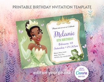 Princess Tiana Birthday invitation, Girl editable invite template, princess frog printable invitation, royal party, instant download