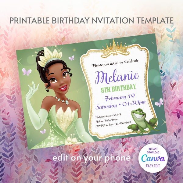 Princess Tiana Birthday invitation, Girl editable invite template, princess frog printable invitation, royal party, instant download