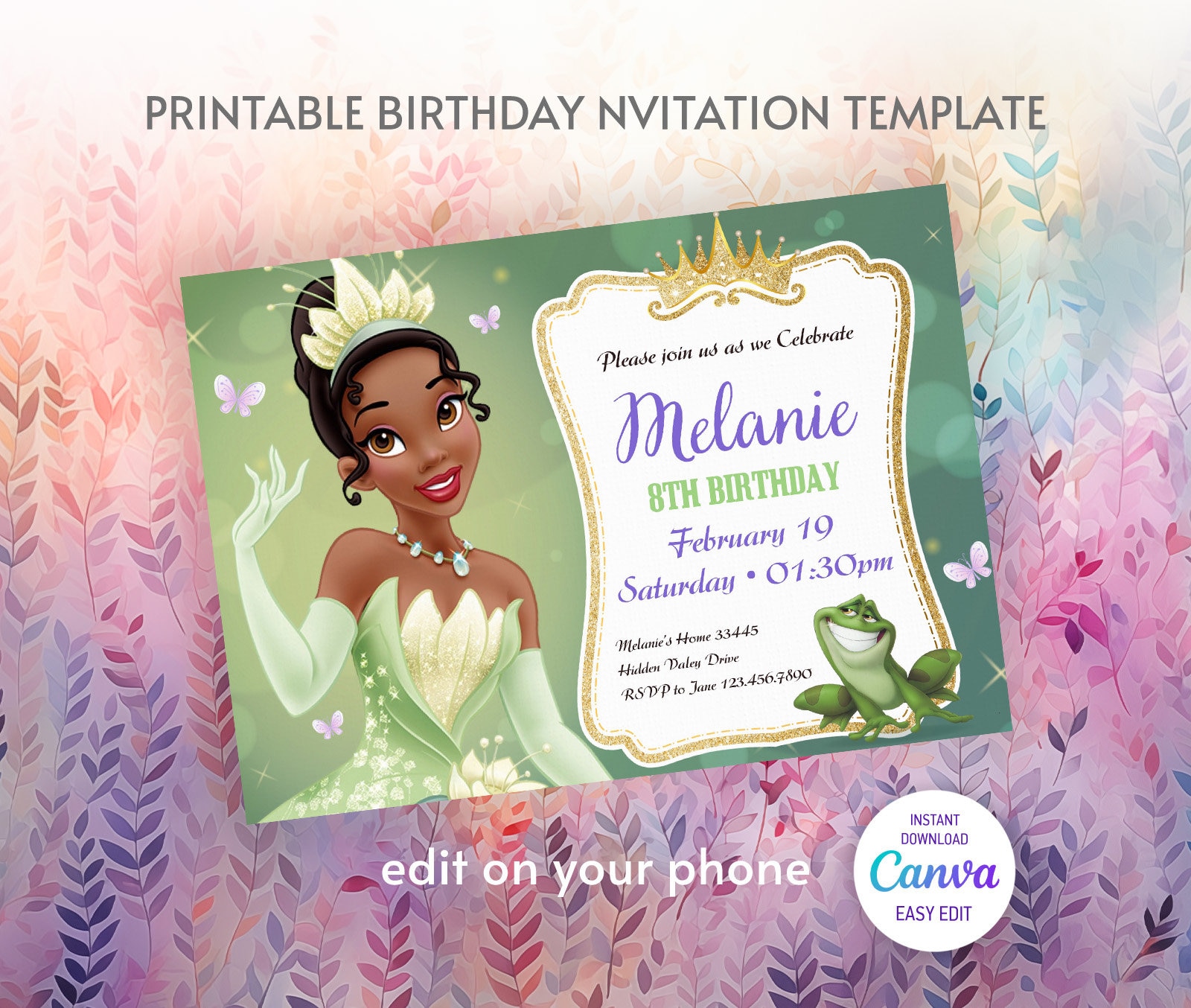Princess Tiana Birthday Invitation, Girl Editable Invite Template ...