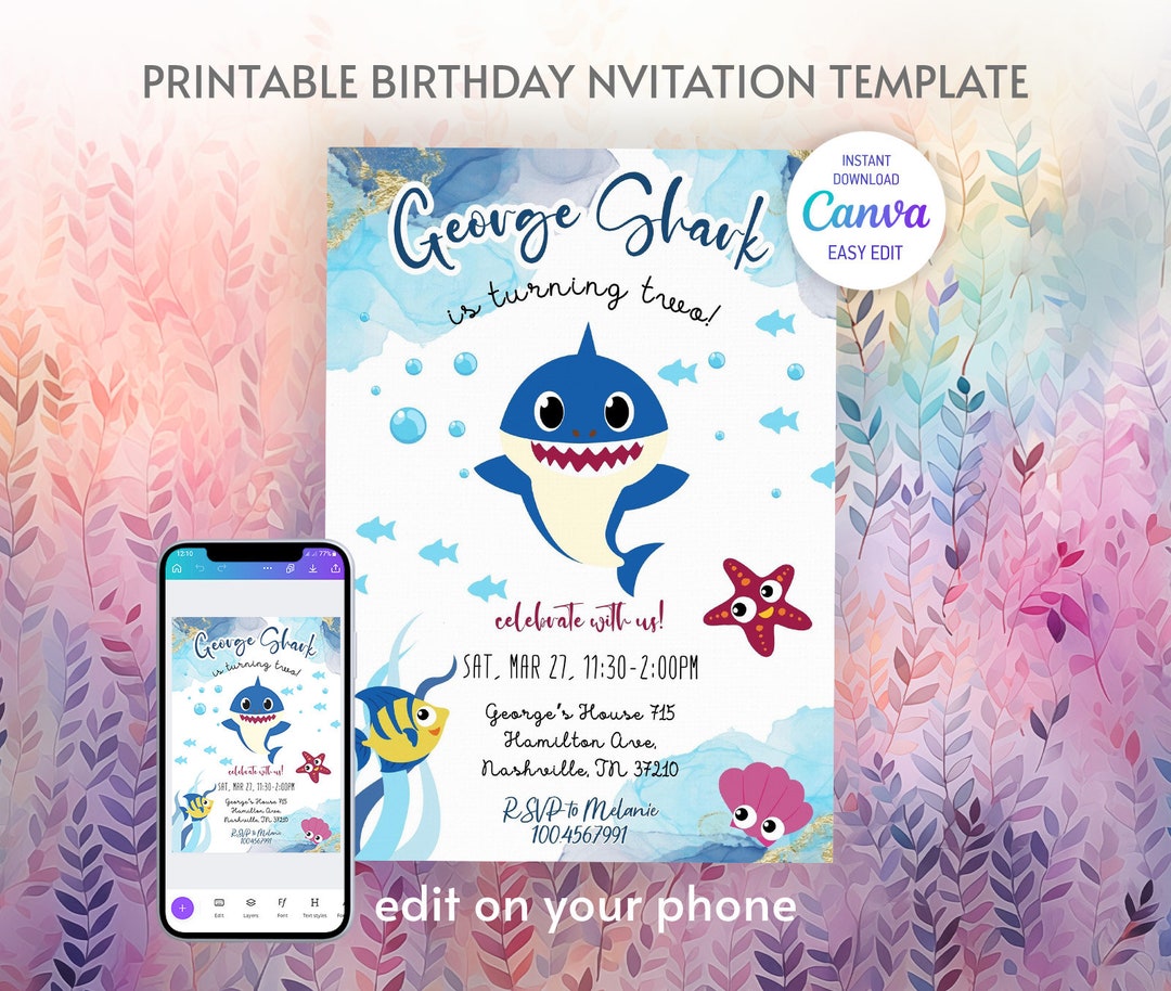 Baby Shark Printable Birthday Invitation | Shark Invitation | Editable ...