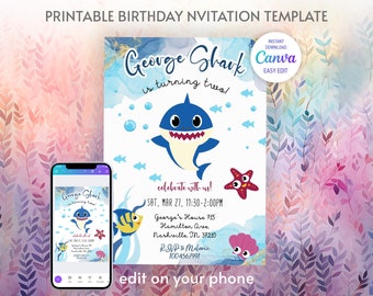 Baby Shark Printable Birthday Invitation | shark invitation | editable invitation | second invite, Instant Download | 2nd invite template