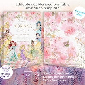 May include: A stack of princess-themed invitation cards. The front features princess illustrations and event details. The reverse side has a floral design. Text includes "Editable doublesided printable invitation template", "Princess ADRIANA is turning 5", and print size options of 5x7 and 4x6 inches.
