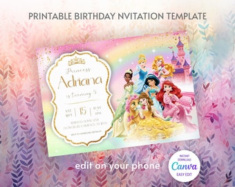 Princess Birthday invitation, Girl editable invite template, castle printable invitation, once upon a time royal party, instant download