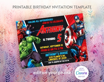 Printable Birthday Invitation, avengers invite, spiderman invite, superhero invitation, super hero, iron man, thore, captain america, hulk