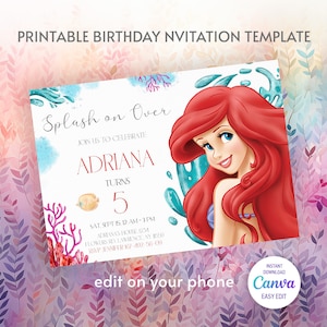 Princess Ariel Birthday invitation, Girl editable invite template, little mermaid printable invitation, under sea party, instant download