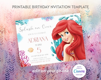 Princess Ariel Birthday invitation, Girl editable invite template, little mermaid printable invitation, under sea party, instant download