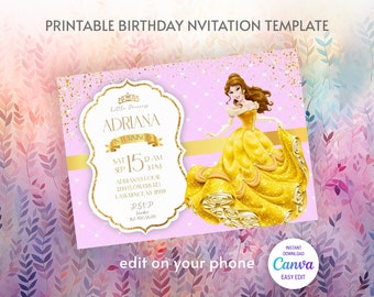 Princess Belle Birthday invitation, Girl editable invite template, castle printable invitation, beauty and beast party, belle rose invite