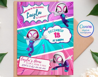 Gwen Birthday invitation, Spider-Verse girl birthday invite, editable Ghost Spidey invitation, Spidey Gwen Party, girl Spiderman Birthday