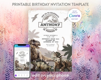 Dinosaur Printable birthday invitation, dino birthday invite, park invitation, world invitation, T-Rex party invite, instant download