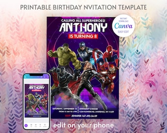 Printable Birthday Invitation, avengers invite, spiderman invite, superhero invitation, super hero, iron man, thore, captain america, hulk