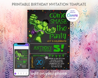 Printable Boy Birthday Invitation, superhero birthday invite, incredible hulk editable invitation, avengers birthday party