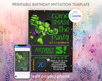Printable Boy Birthday Invitation, superhero birthday invite, incredible hulk editable invitation, avengers birthday party
