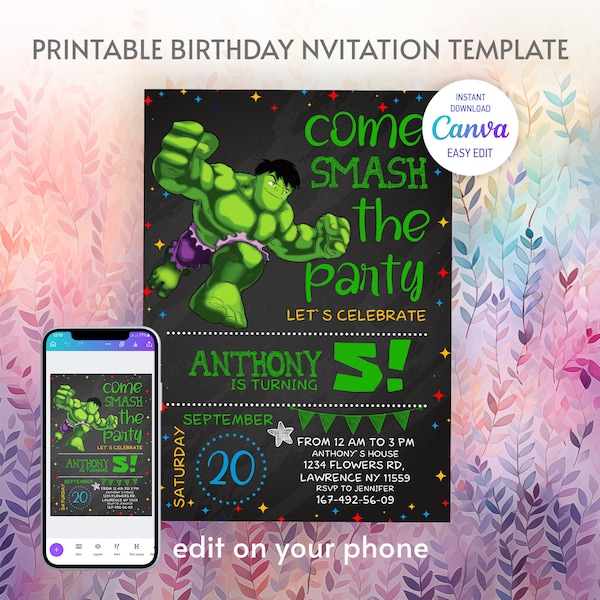 Invitation d’anniversaire de garçon imprimable, invitation d’anniversaire de super-héros, invitation modifiable incroyable Hulk, fête d’anniversaire des Avengers