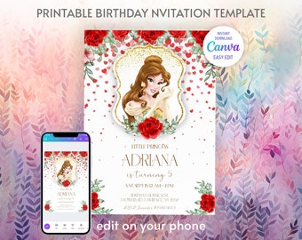Princess Belle Birthday invitation, Girl editable invite template, castle printable invitation, beauty and beast party, belle rose invite