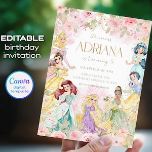May include: A digital birthday invitation featuring illustrations of Disney princesses. The invitation includes the text "Princess ADRIANA is turning 5" and event details. The design incorporates floral elements and the Canva digital template logo.