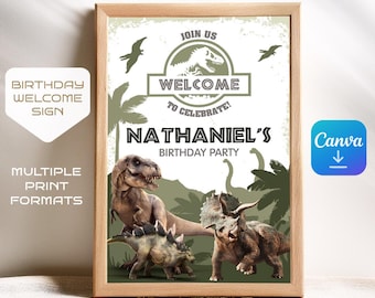 Plantilla de cartel de bienvenida de dinosaurio, cartel de bienvenida jurásico para fiesta de cumpleaños imprimible, cumpleaños de niño, plantilla de decoración de cumpleaños de T-Rex