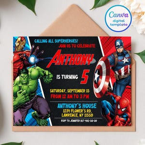 Printable Birthday Invitation, avengers invite, spiderman invite, superhero invitation, super hero, iron man, thore, captain america, hulk