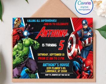 Printable Birthday Invitation, avengers invite, spiderman invite, superhero invitation, super hero, iron man, thore, captain america, hulk