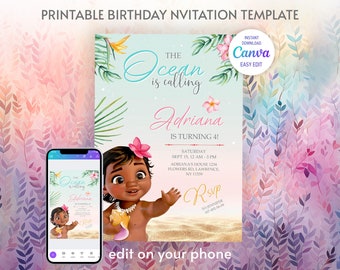 Moana invitation, Printable birthday invitation, Editable invitation, instant download, boy girl birthday invite, hawaii luau party