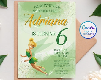 Printable fairy  Tinkerbell fairy Birthday Invitation, tinker bell invitation, editable invite, peter pen invite, girl invite template