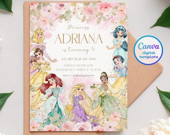May include: A pink and green floral birthday invitation with a gold border. The invitation features a princess theme with images of Disney princesses. The text reads "Princess Adriana is turning 5" and includes details for the party, including the date, time, location, and RSVP information.