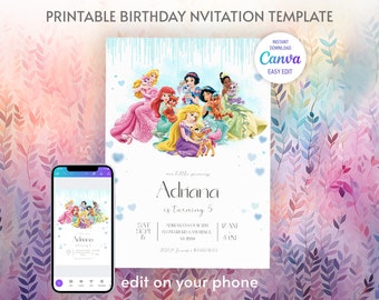 Princess Birthday invitation, Girl editable invite template, castle printable invitation, once upon a time royal party, instant download