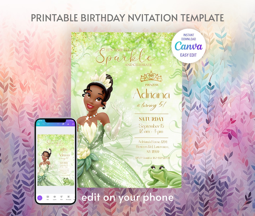 Princess Tiana Birthday Invitation, Girl Editable Invite Template ...