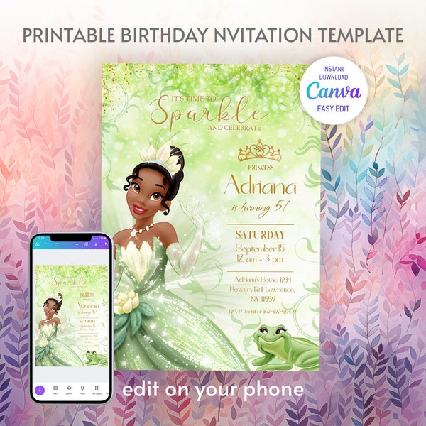 Princess Tiana Birthday invitation, Girl editable invite template, princess frog printable invitation, royal party, instant download