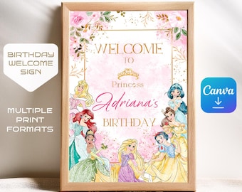 May include: A pink and gold welcome sign with a floral design and a princess theme. The sign says "Welcome to Princess Adriana's Birthday". It features Disney princesses including Cinderella, Snow White, Ariel, Belle, and Rapunzel.