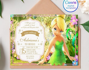 Druckbare Fee Tinkerbell Fee Geburtstagseinladung, Tinkerbell Einladung, editierbare Einladung, Peter Pen Einladung, Mädchen Einladungsvorlage