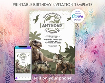Dinosaurier-Geburtstagseinladung zum Ausdrucken, Dino-Geburtstagseinladung, Park-Einladung, Welteinladung, T-Rex-Party-Einladung, direkter Download
