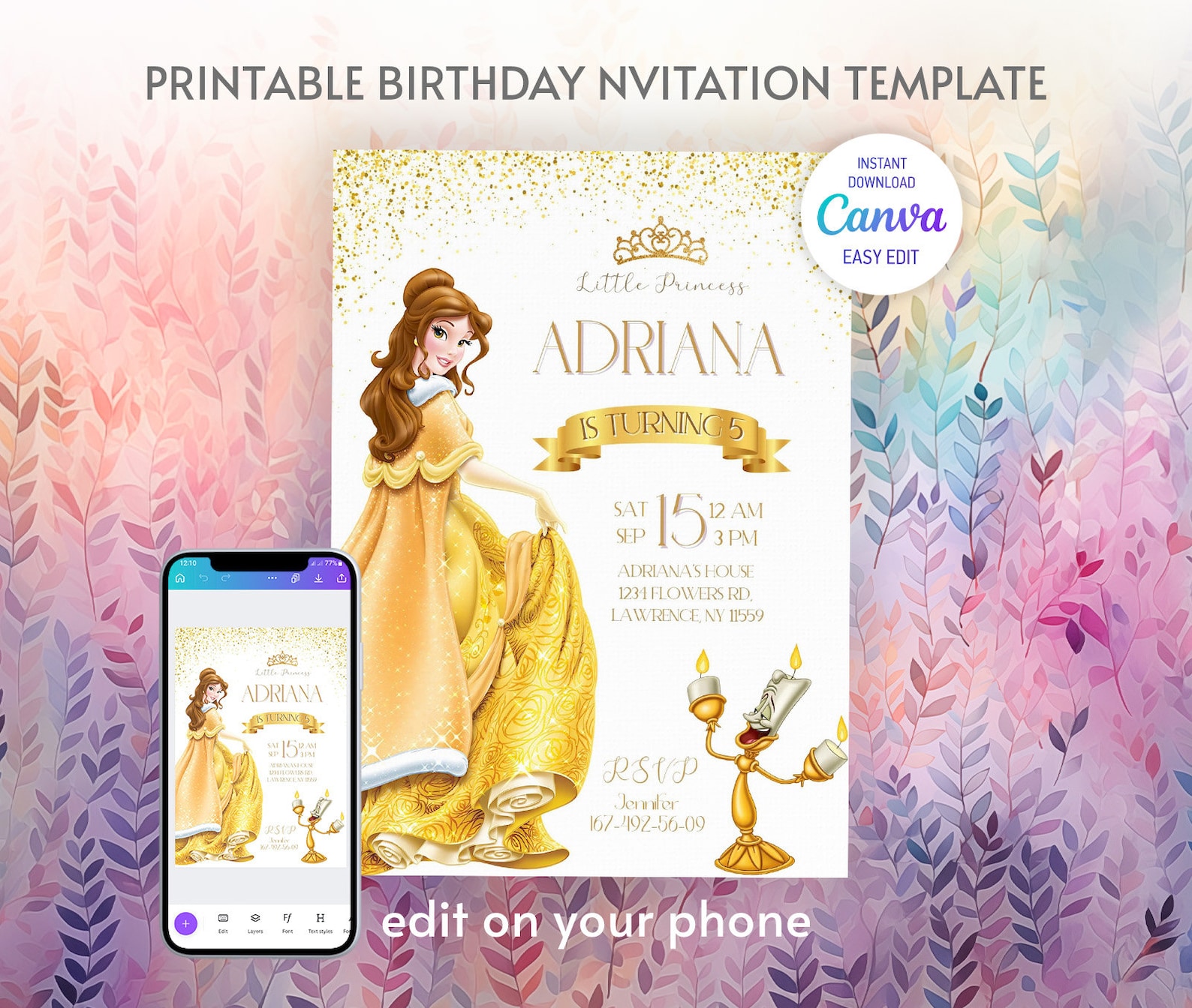 Princess Belle Birthday Invitation, Girl Editable Invite Template ...