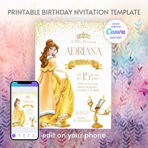Invito di compleanno della principessa Belle, modello di invito modificabile per ragazza, invito stampabile del castello, festa di bellezza e bestia, invito di belle rose