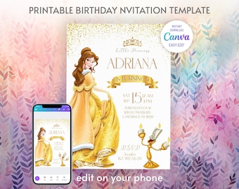 Princess Belle Birthday invitation, Girl editable invite template, castle printable invitation, beauty and beast party, belle rose invite