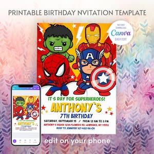 Printable Birthday Invitation, avengers invite, spiderman invite, superhero invitation, super hero, iron man, thore, captain america, hulk