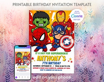 Printable Birthday Invitation, avengers invite, spiderman invite, superhero invitation, super hero, iron man, thore, captain america, hulk