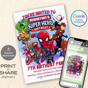 May include: A digital invitation for a superhero themed 7th birthday party. The invitation features a colorful illustration of various superheroes, including Spiderman, Iron Man, and Captain America. The text on the invitation reads "You're invited to Sebastian's Super Hero Birthday" and includes the date, time, and location of the party.
